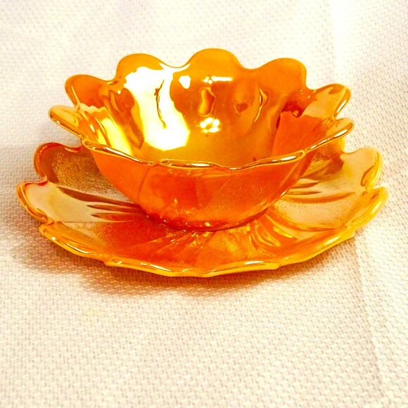 Vintage Fire King Peach Lustre Lotus Bowl & Saucer Plate Glass Set 1950s - 1960s - Picture 1 of 5